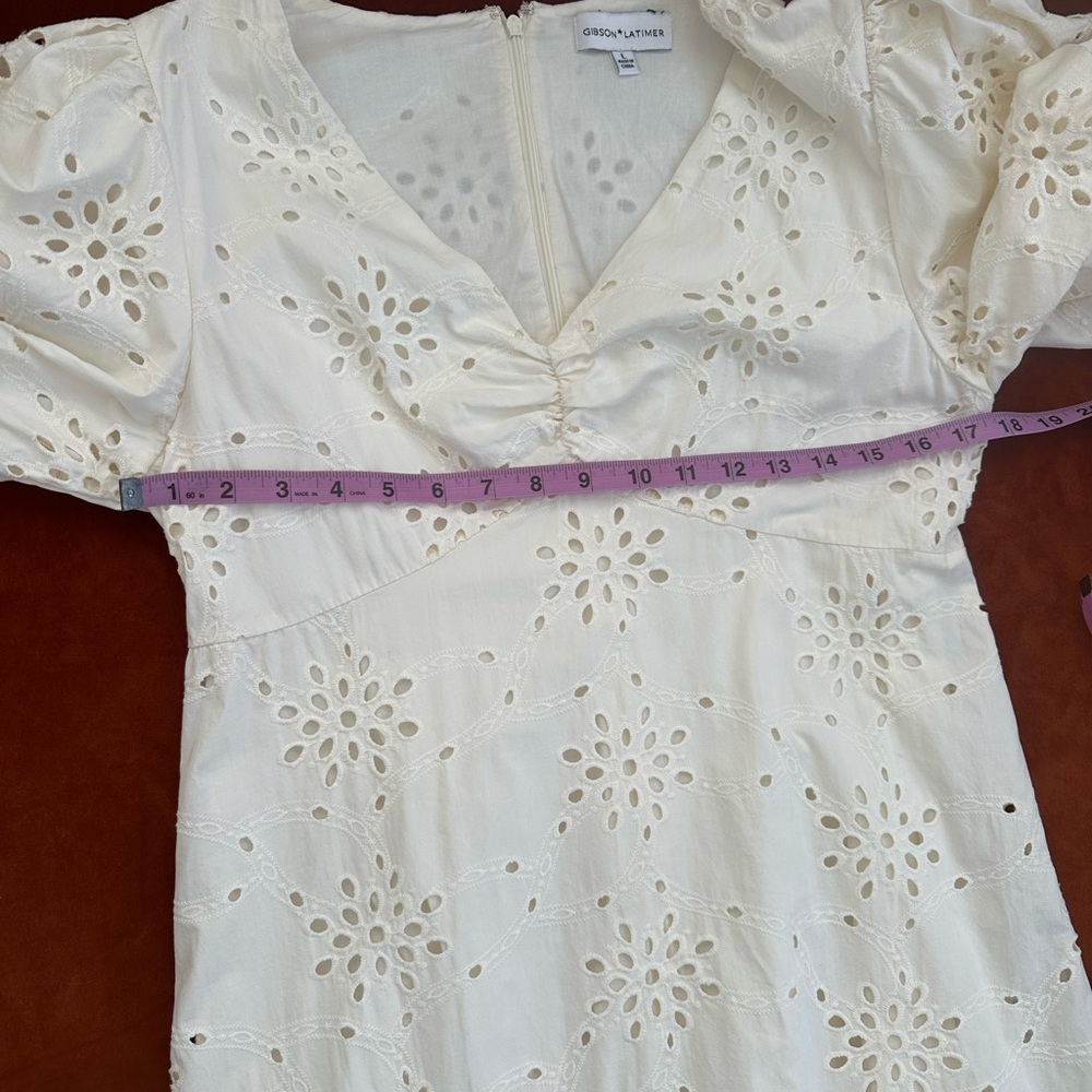 Gibson Latimer Ivory Eyelet Hi Low Puff Sleeve All Cotton Midi Dress Lined L - Picture 6 of 12